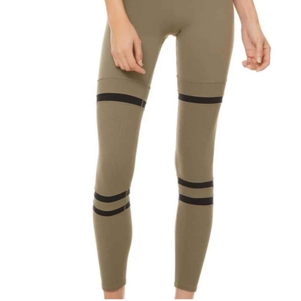 ALO YOGA High Waist Leggings in Olive with Black Stripes Ribbed Legs